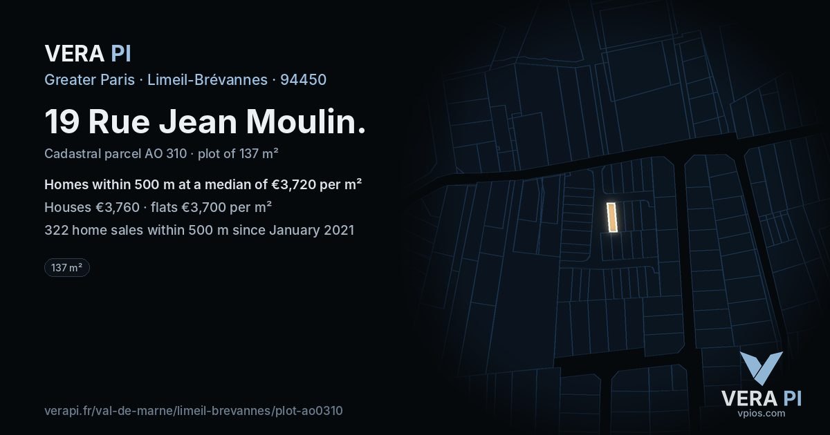19 Rue Jean Moulin, Limeil-Brévannes at night – the plot lit, the parcels around coloured by the prices near them