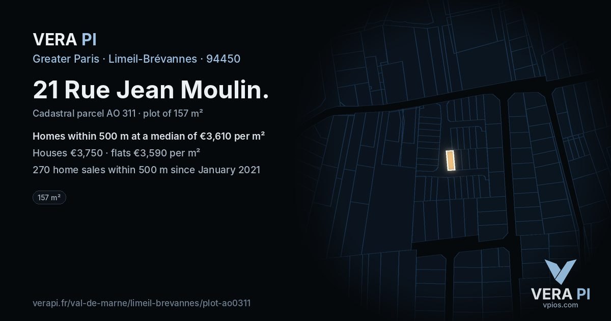 21 Rue Jean Moulin, Limeil-Brévannes at night – the plot lit, the parcels around coloured by the prices near them
