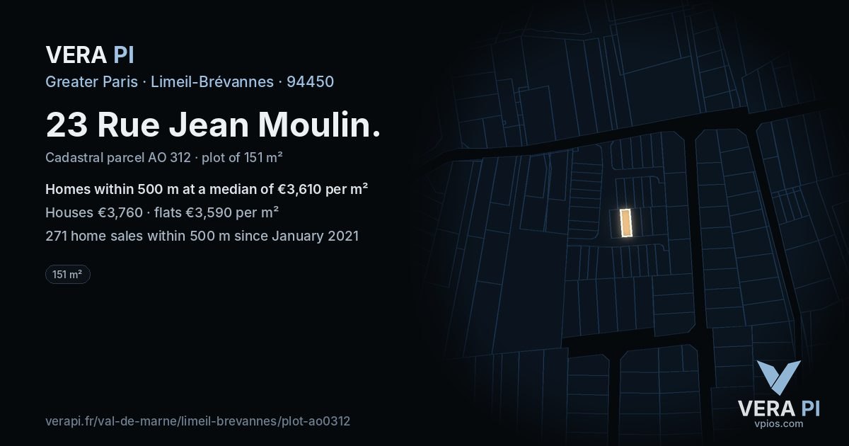 23 Rue Jean Moulin, Limeil-Brévannes at night – the plot lit, the parcels around coloured by the prices near them