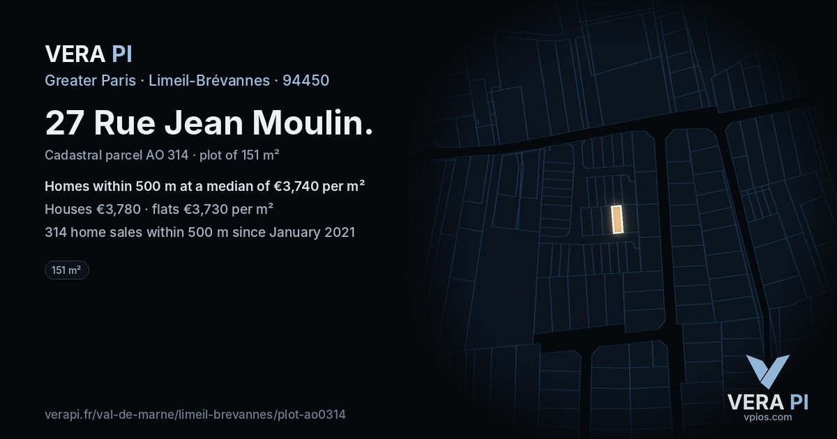 27 Rue Jean Moulin, Limeil-Brévannes at night – the plot lit, the parcels around coloured by the prices near them