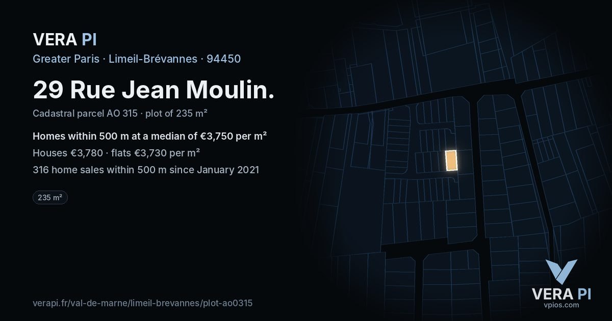 29 Rue Jean Moulin, Limeil-Brévannes at night – the plot lit, the parcels around coloured by the prices near them