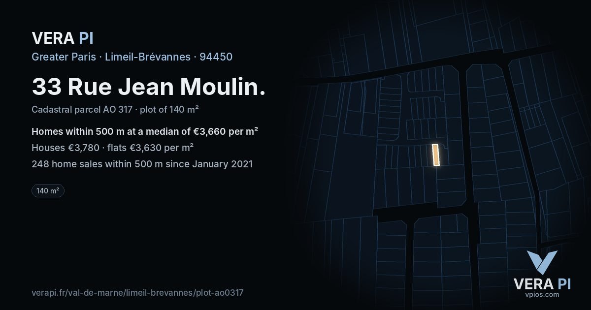 33 Rue Jean Moulin, Limeil-Brévannes at night – the plot lit, the parcels around coloured by the prices near them