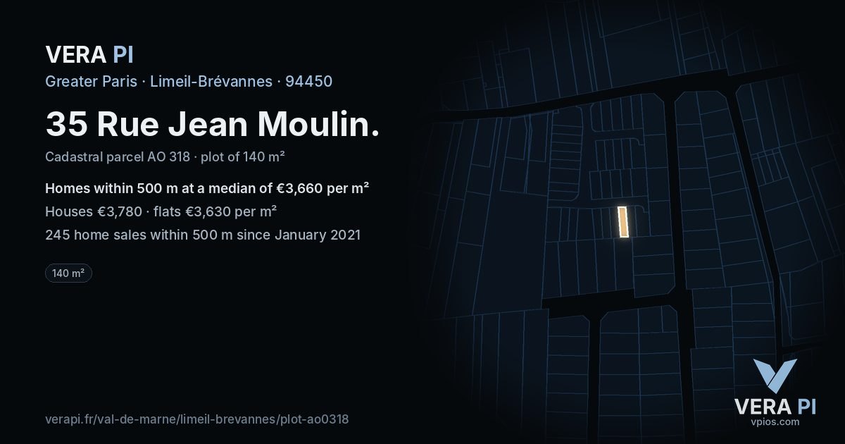 35 Rue Jean Moulin, Limeil-Brévannes at night – the plot lit, the parcels around coloured by the prices near them