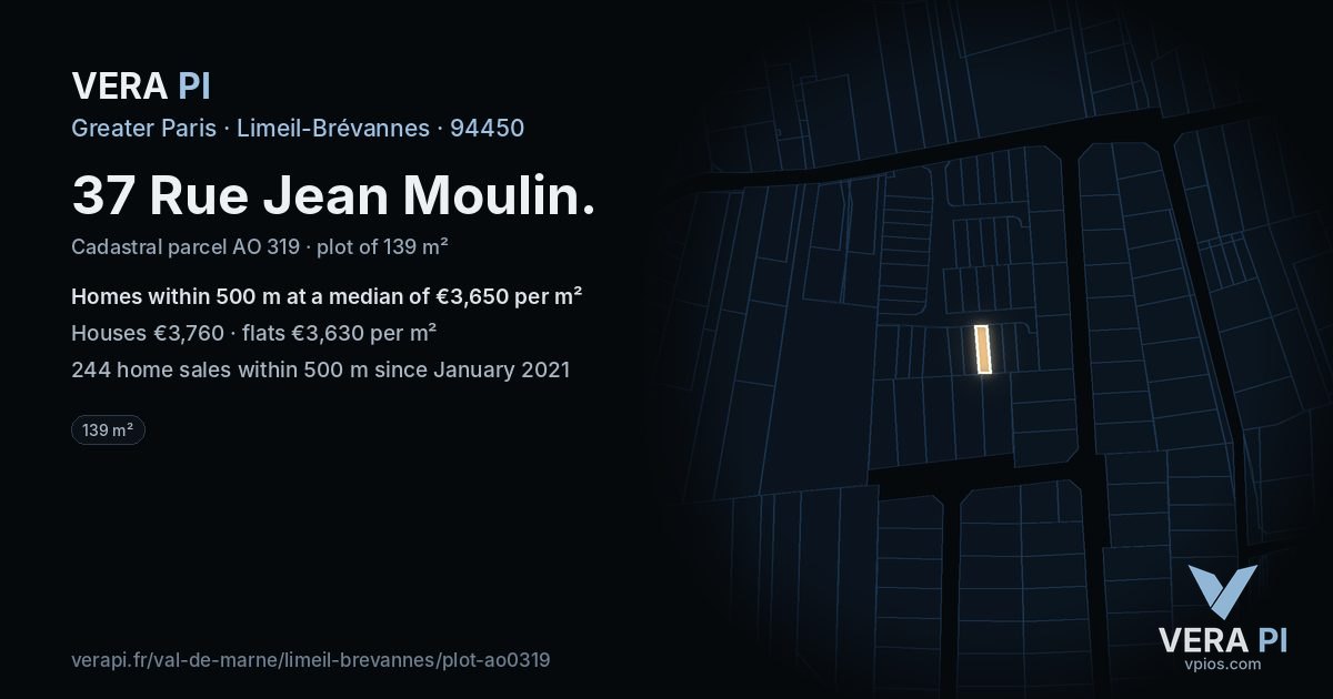 37 Rue Jean Moulin, Limeil-Brévannes at night – the plot lit, the parcels around coloured by the prices near them