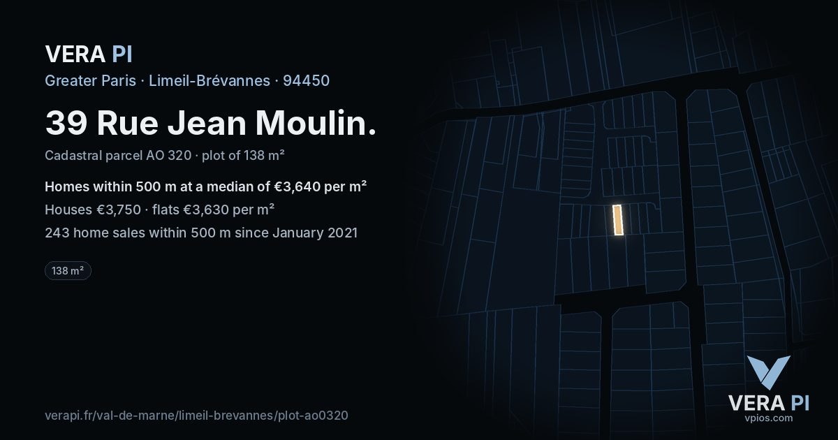 39 Rue Jean Moulin, Limeil-Brévannes at night – the plot lit, the parcels around coloured by the prices near them