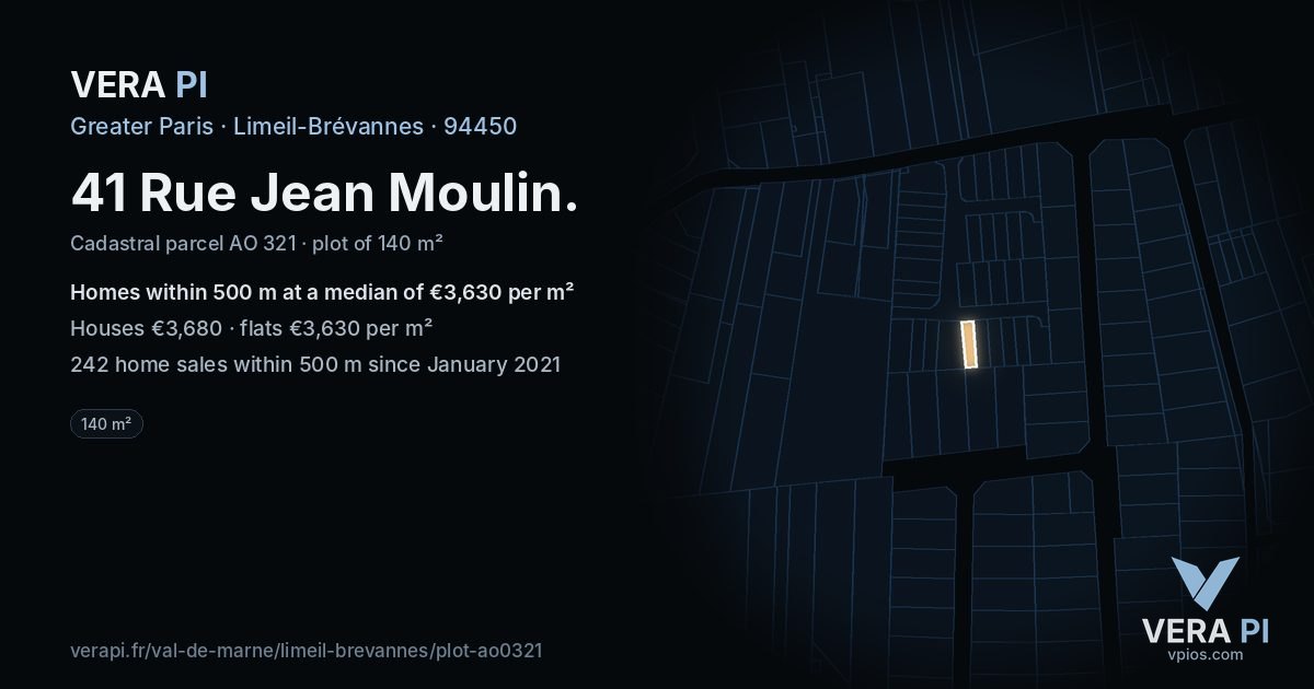 41 Rue Jean Moulin, Limeil-Brévannes at night – the plot lit, the parcels around coloured by the prices near them