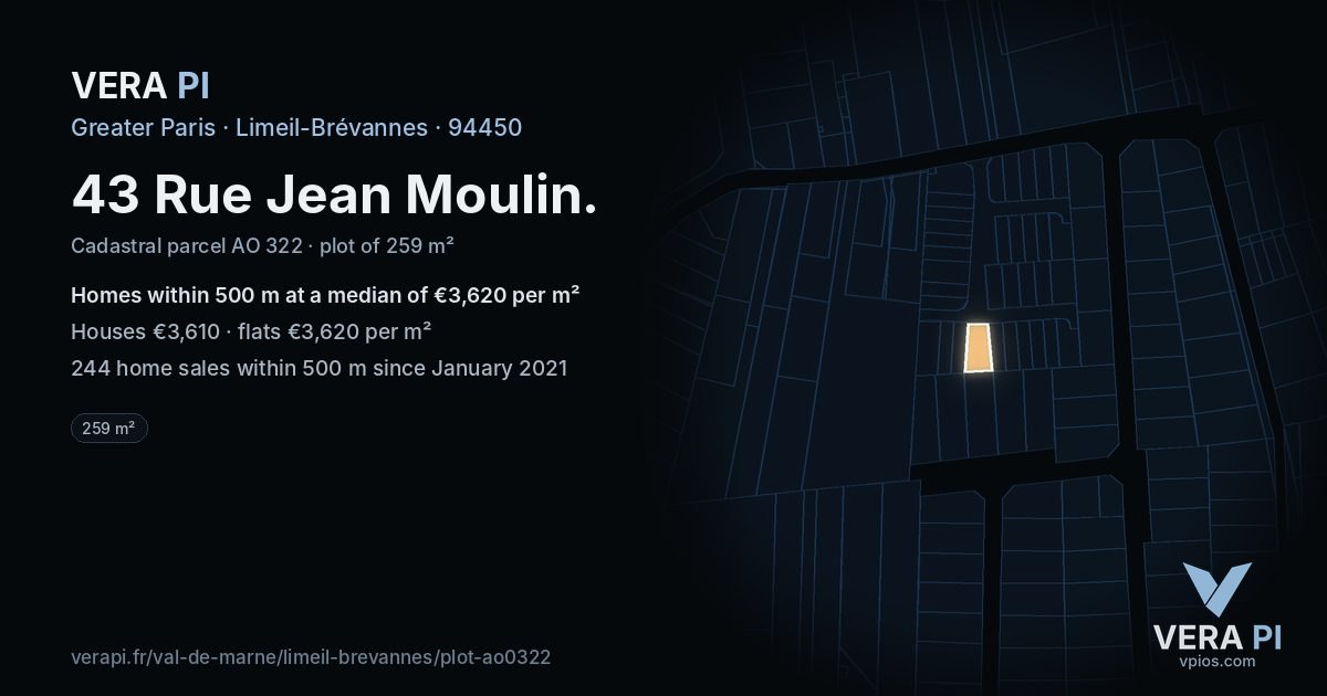 43 Rue Jean Moulin, Limeil-Brévannes at night – the plot lit, the parcels around coloured by the prices near them