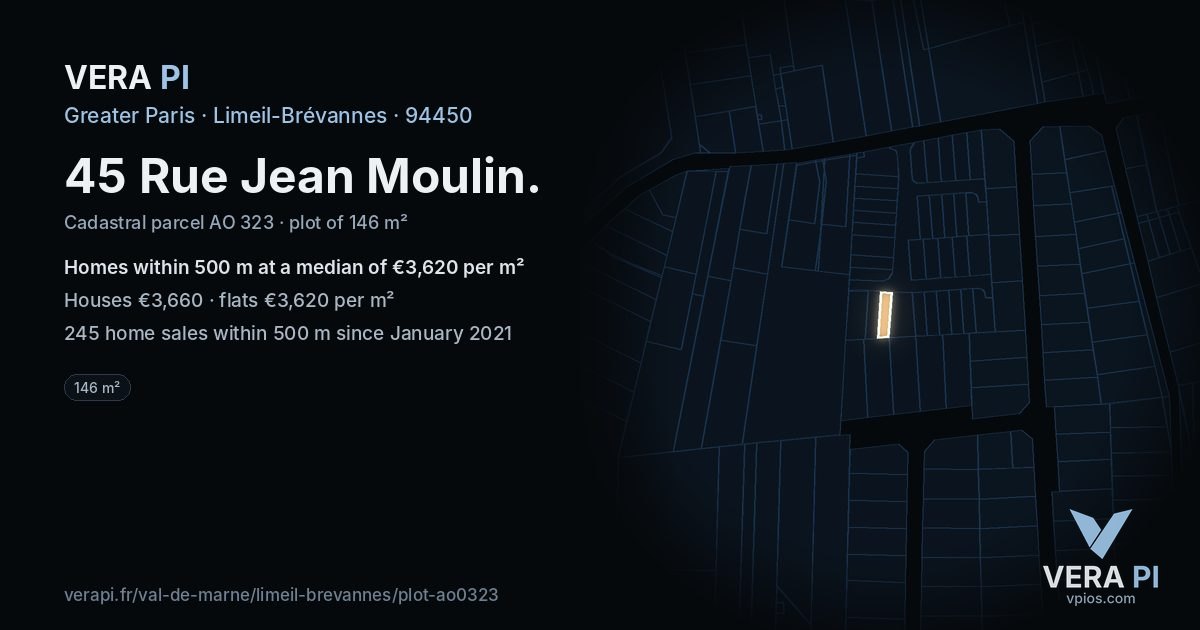 45 Rue Jean Moulin, Limeil-Brévannes at night – the plot lit, the parcels around coloured by the prices near them