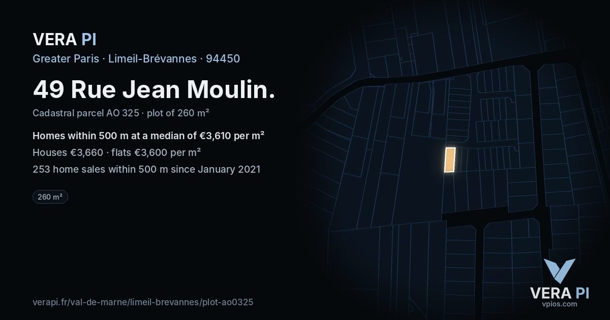 49 Rue Jean Moulin, Limeil-Brévannes at night – the plot lit, the parcels around coloured by the prices near them