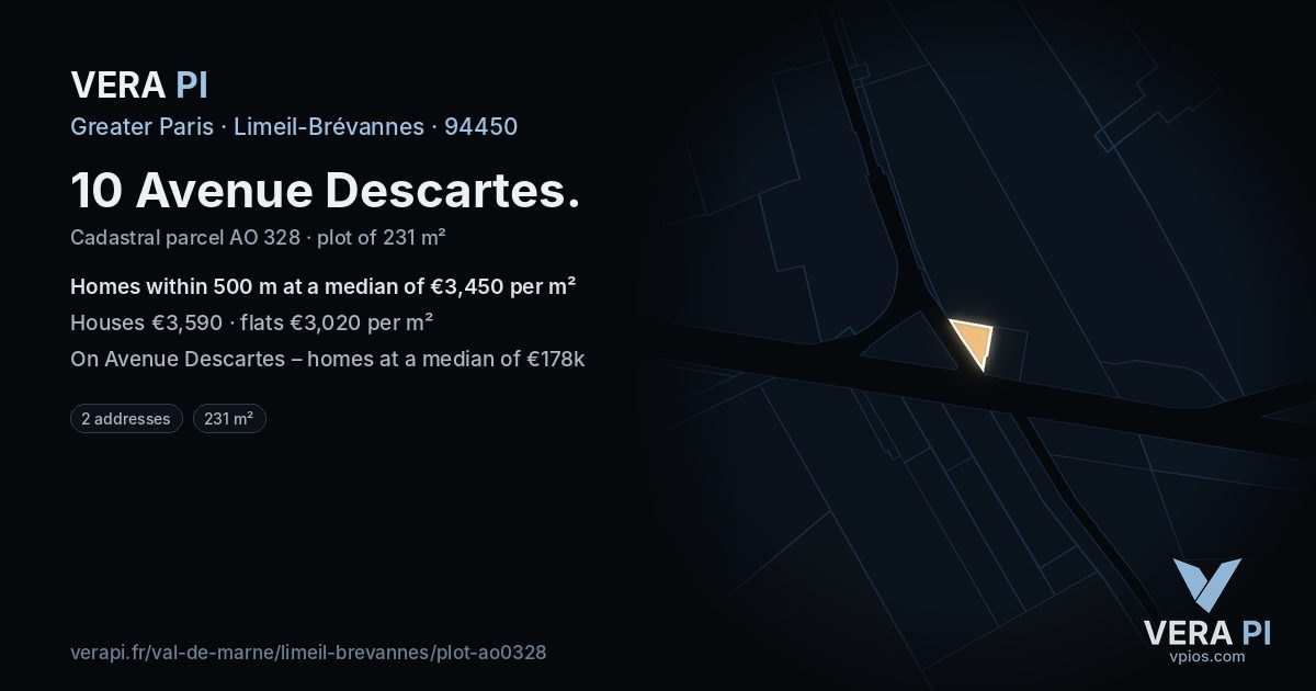 10 Avenue Descartes, Limeil-Brévannes at night – the plot lit, the parcels around coloured by the prices near them