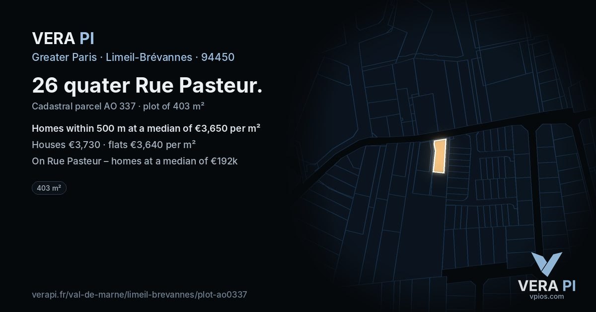 26 quater Rue Pasteur, Limeil-Brévannes at night – the plot lit, the parcels around coloured by the prices near them