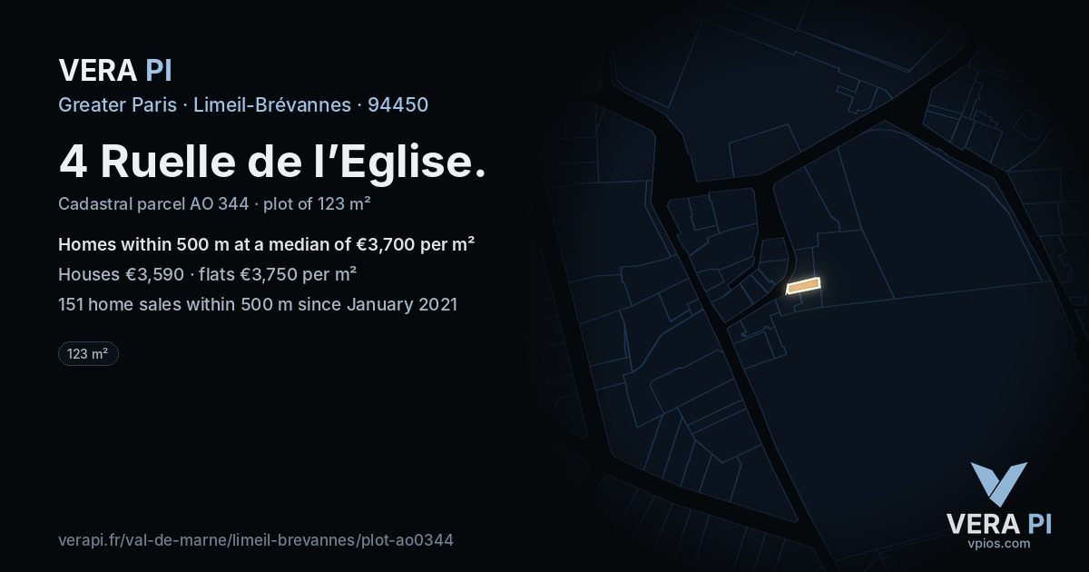 4 Ruelle de l’Eglise, Limeil-Brévannes at night – the plot lit, the parcels around coloured by the prices near them