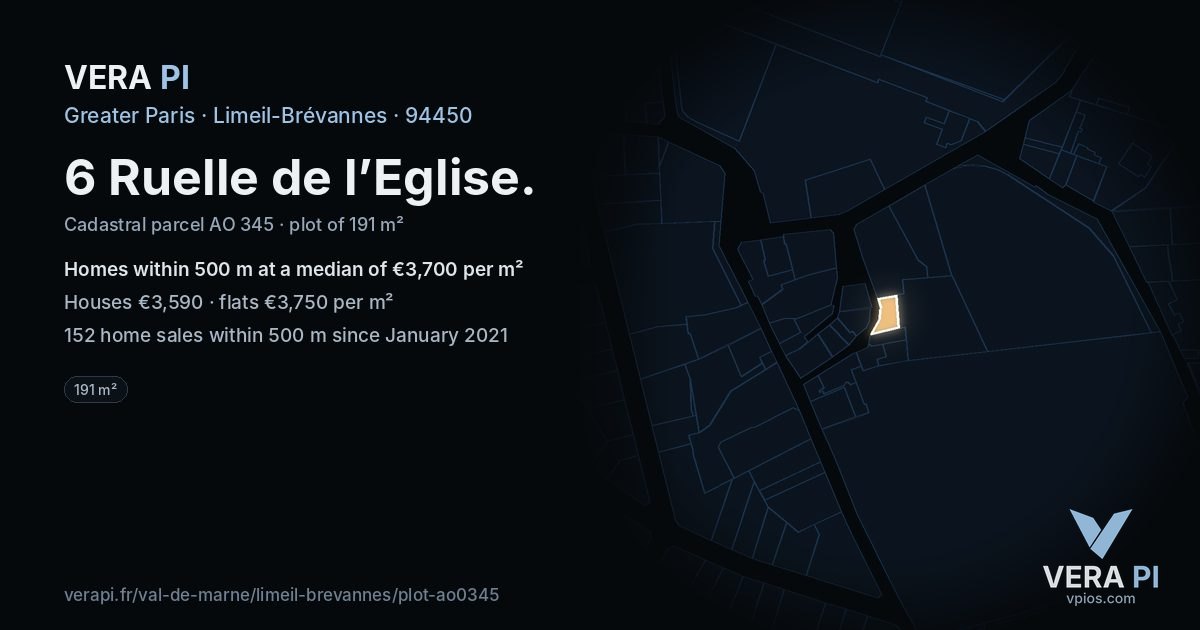 6 Ruelle de l’Eglise, Limeil-Brévannes at night – the plot lit, the parcels around coloured by the prices near them