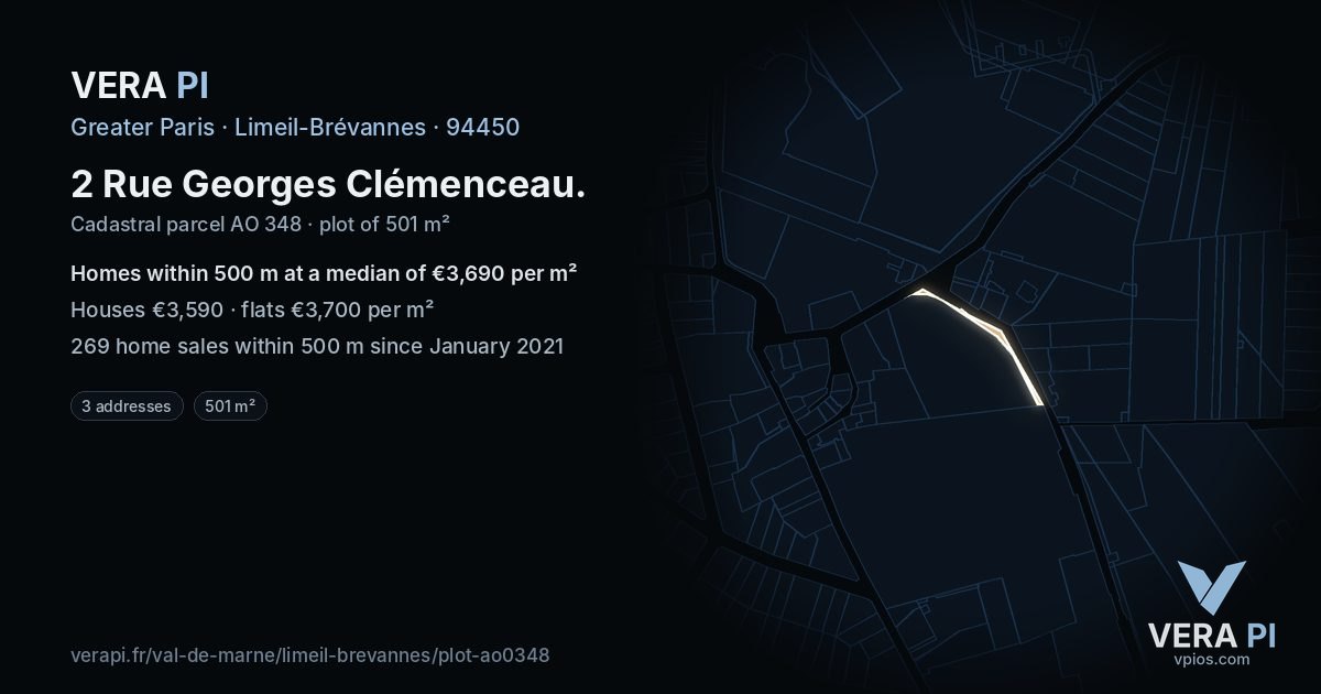 2 Rue Georges Clémenceau, Limeil-Brévannes at night – the plot lit, the parcels around coloured by the prices near them
