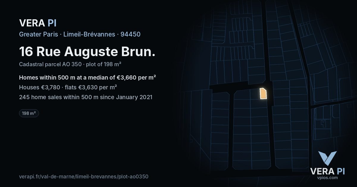 16 Rue Auguste Brun, Limeil-Brévannes at night – the plot lit, the parcels around coloured by the prices near them