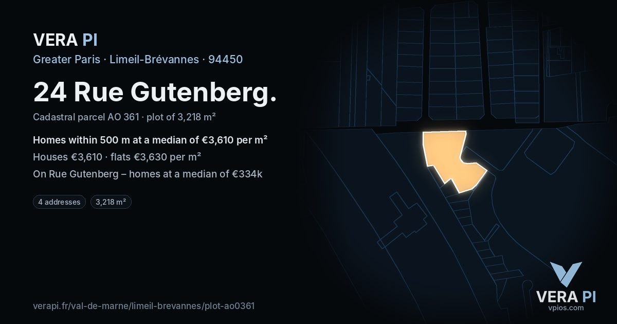 24 Rue Gutenberg, Limeil-Brévannes at night – the plot lit, the parcels around coloured by the prices near them