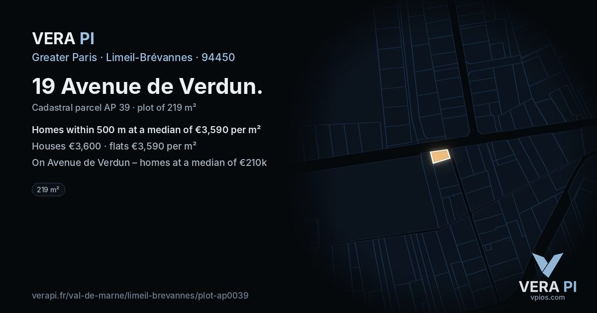 19 Avenue de Verdun, Limeil-Brévannes at night – the plot lit, the parcels around coloured by the prices near them