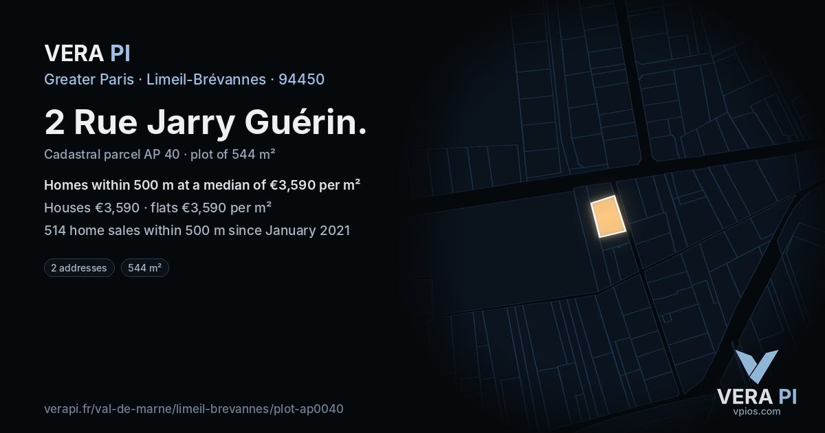 2 Rue Jarry Guérin, Limeil-Brévannes at night – the plot lit, the parcels around coloured by the prices near them