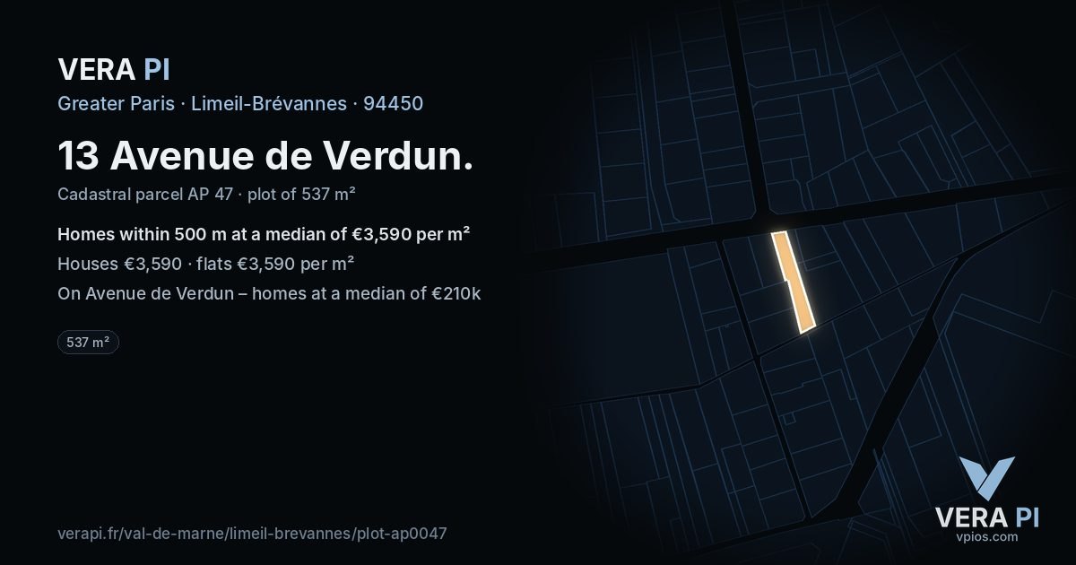 13 Avenue de Verdun, Limeil-Brévannes at night – the plot lit, the parcels around coloured by the prices near them