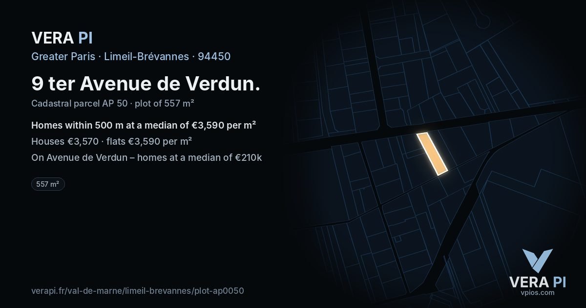 9 ter Avenue de Verdun, Limeil-Brévannes at night – the plot lit, the parcels around coloured by the prices near them