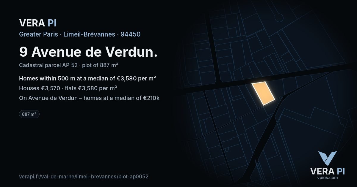 9 Avenue de Verdun, Limeil-Brévannes at night – the plot lit, the parcels around coloured by the prices near them