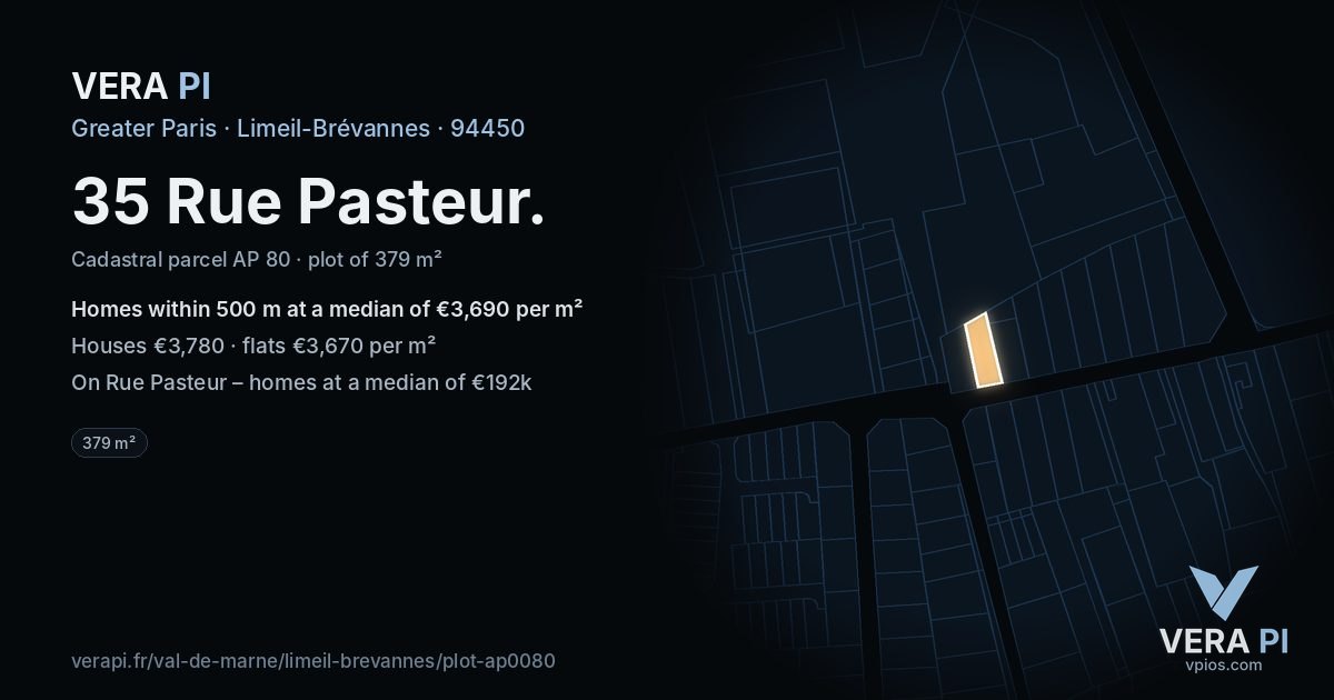 35 Rue Pasteur, Limeil-Brévannes at night – the plot lit, the parcels around coloured by the prices near them