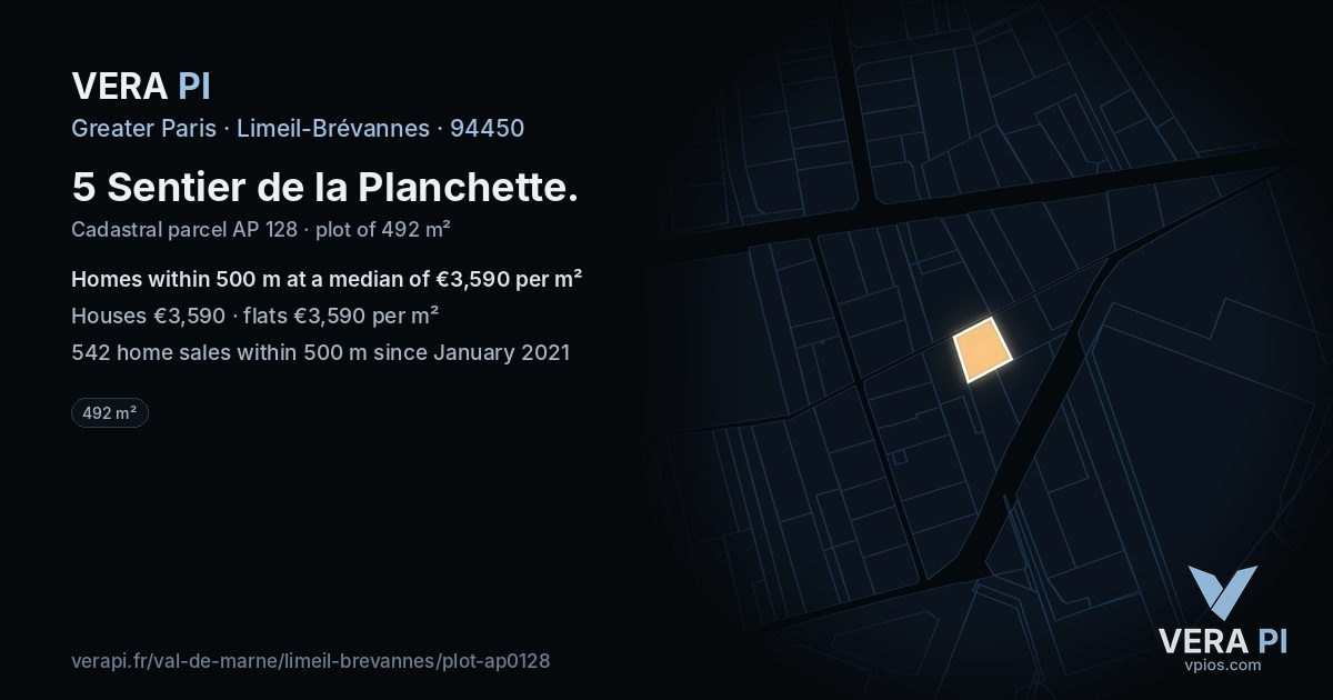 5 Sentier de la Planchette, Limeil-Brévannes at night – the plot lit, the parcels around coloured by the prices near them