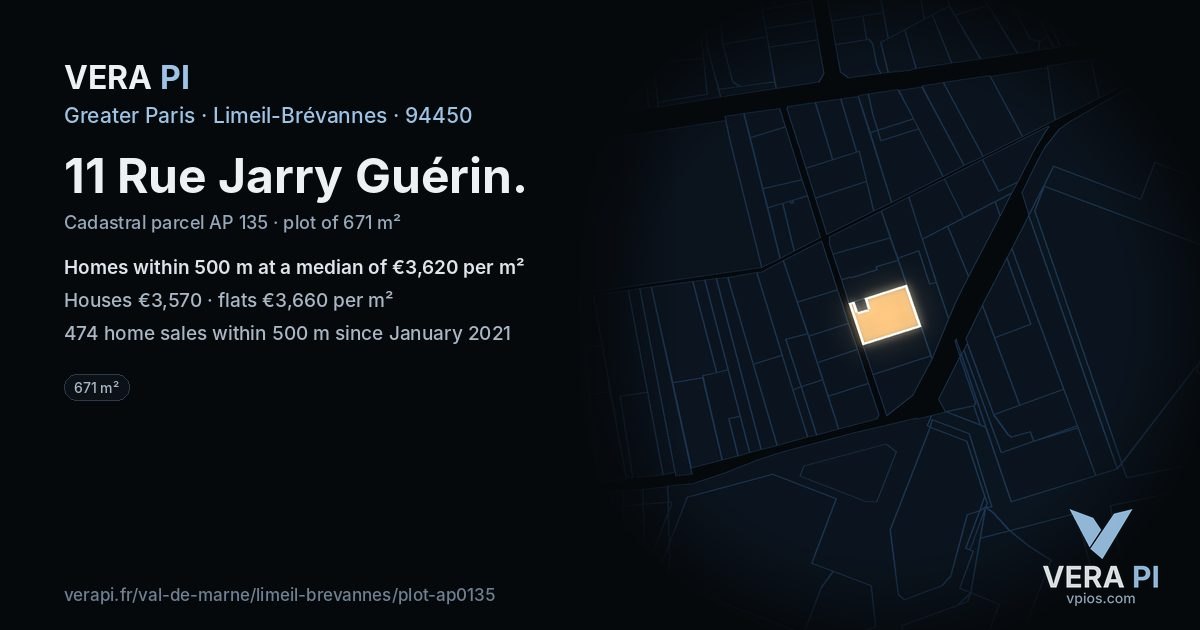 11 Rue Jarry Guérin, Limeil-Brévannes at night – the plot lit, the parcels around coloured by the prices near them