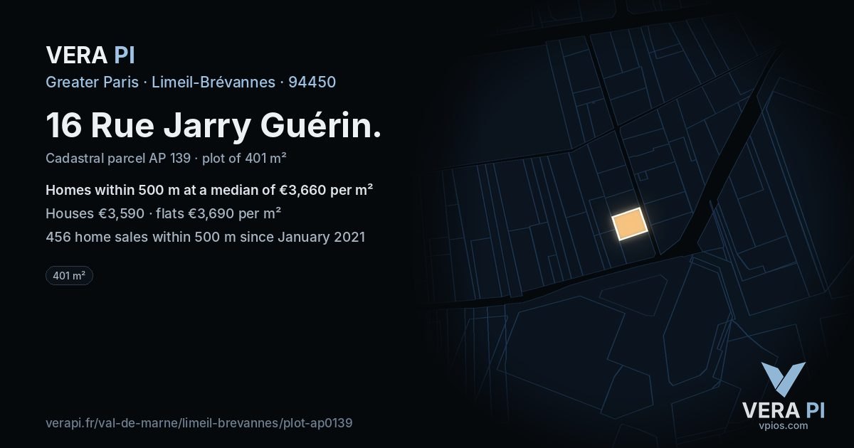 16 Rue Jarry Guérin, Limeil-Brévannes at night – the plot lit, the parcels around coloured by the prices near them