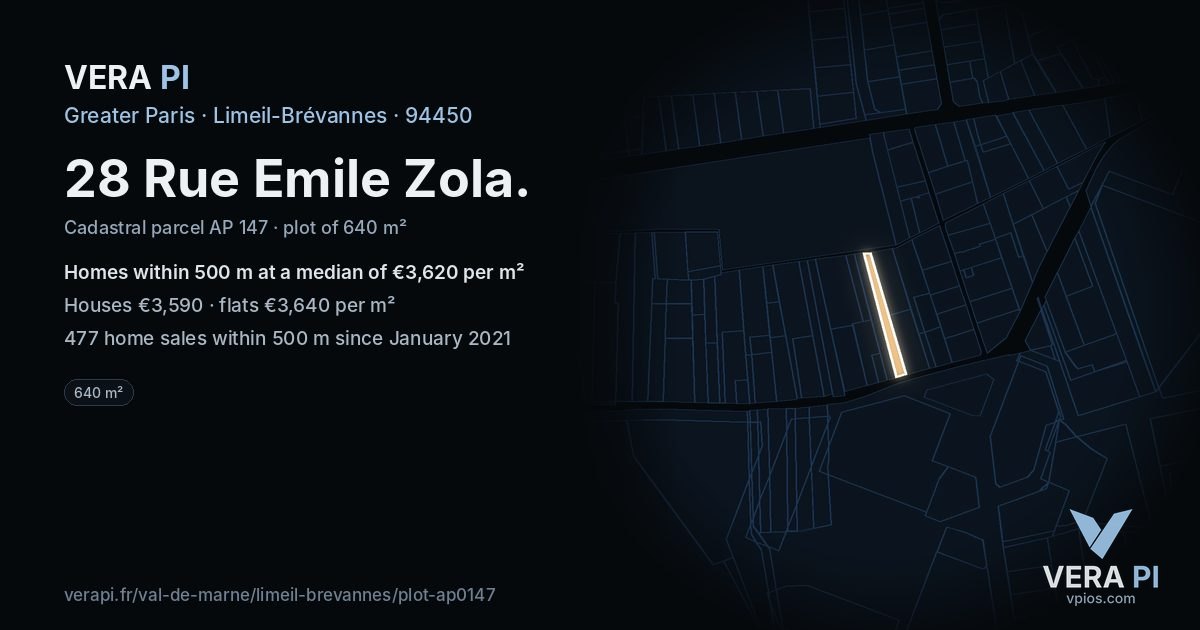 28 Rue Emile Zola, Limeil-Brévannes at night – the plot lit, the parcels around coloured by the prices near them