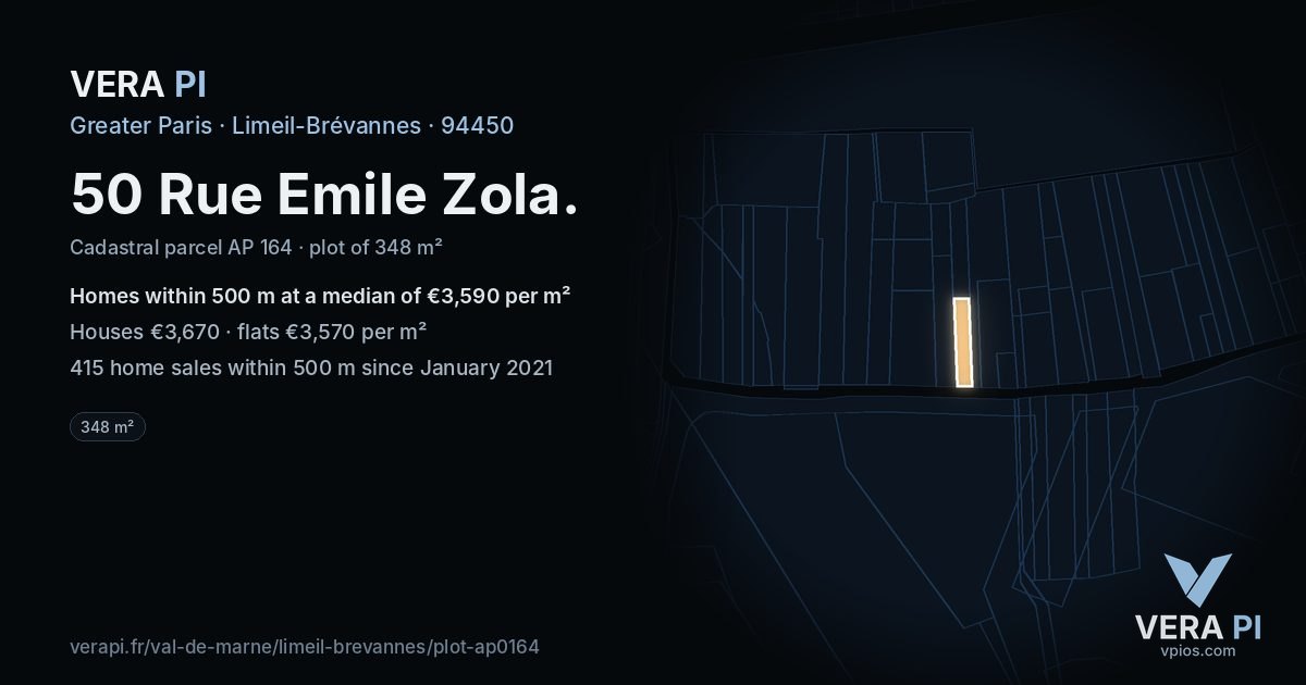 50 Rue Emile Zola, Limeil-Brévannes at night – the plot lit, the parcels around coloured by the prices near them