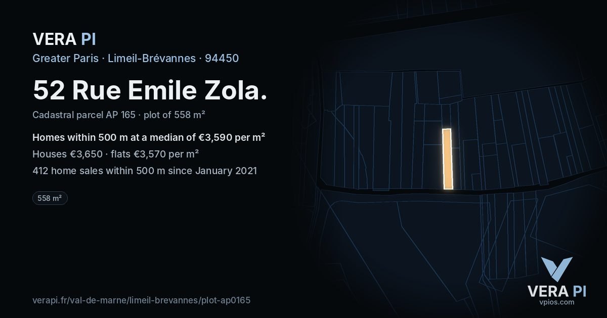 52 Rue Emile Zola, Limeil-Brévannes at night – the plot lit, the parcels around coloured by the prices near them
