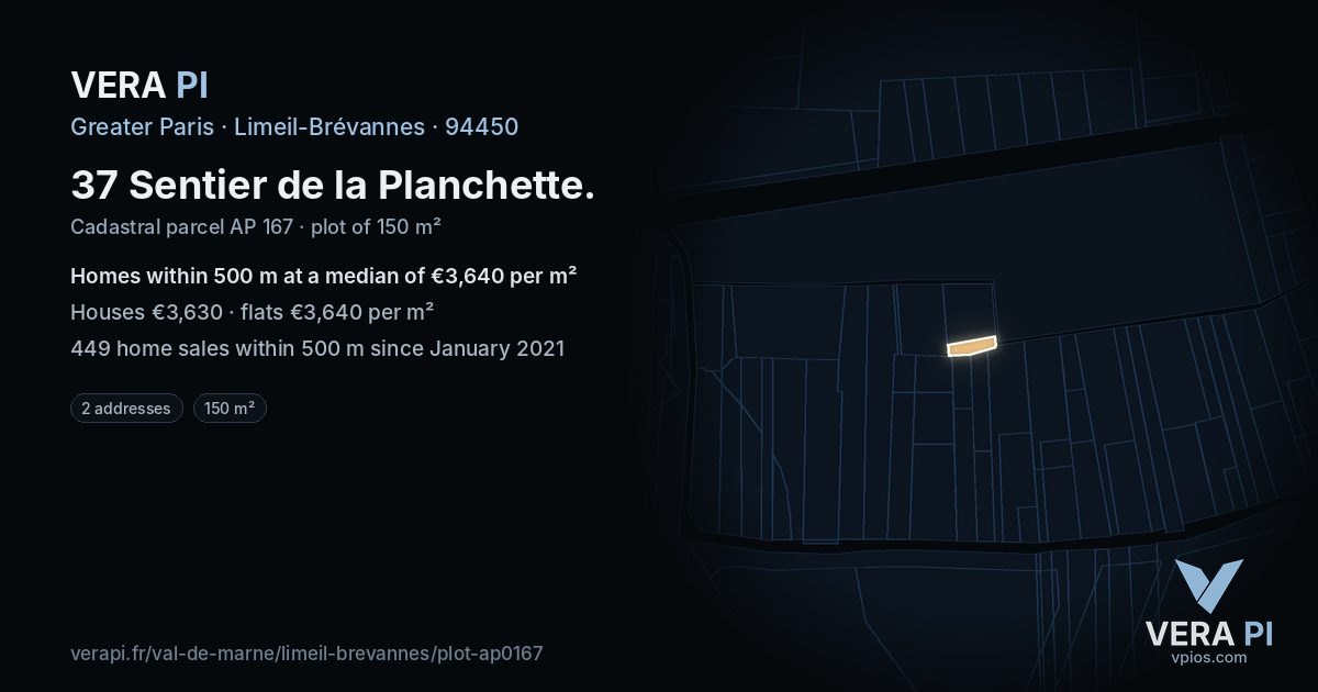 37 Sentier de la Planchette, Limeil-Brévannes at night – the plot lit, the parcels around coloured by the prices near them