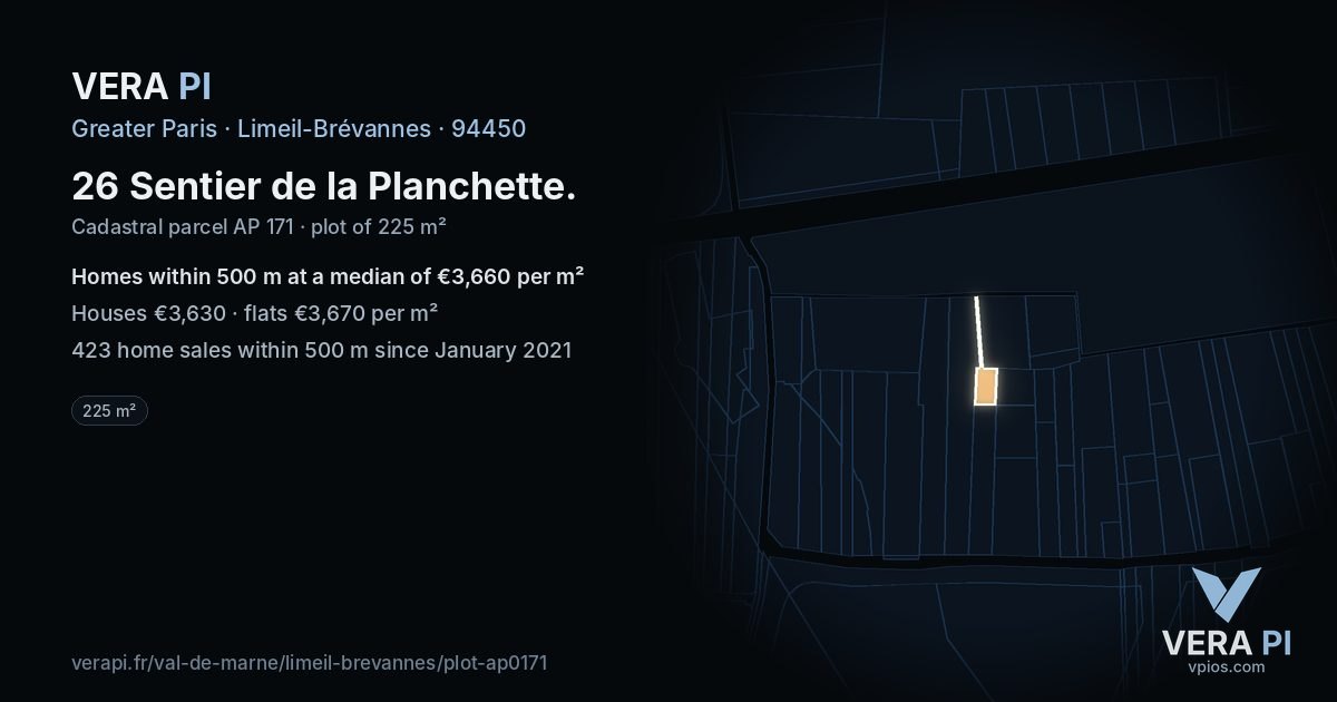 26 Sentier de la Planchette, Limeil-Brévannes at night – the plot lit, the parcels around coloured by the prices near them