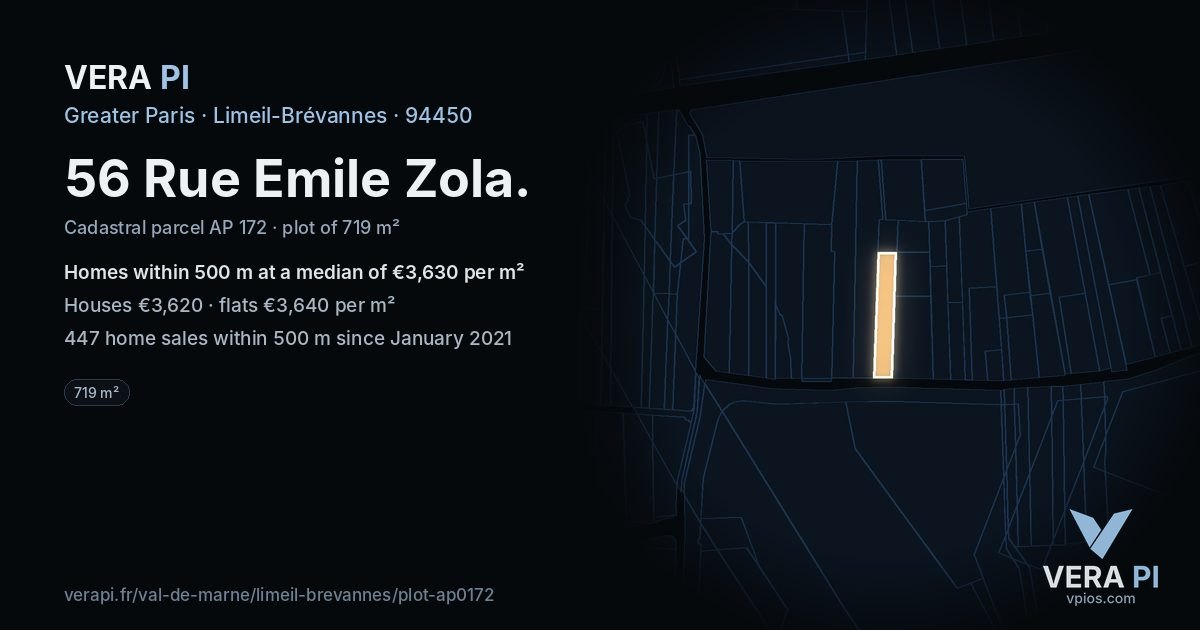 56 Rue Emile Zola, Limeil-Brévannes at night – the plot lit, the parcels around coloured by the prices near them