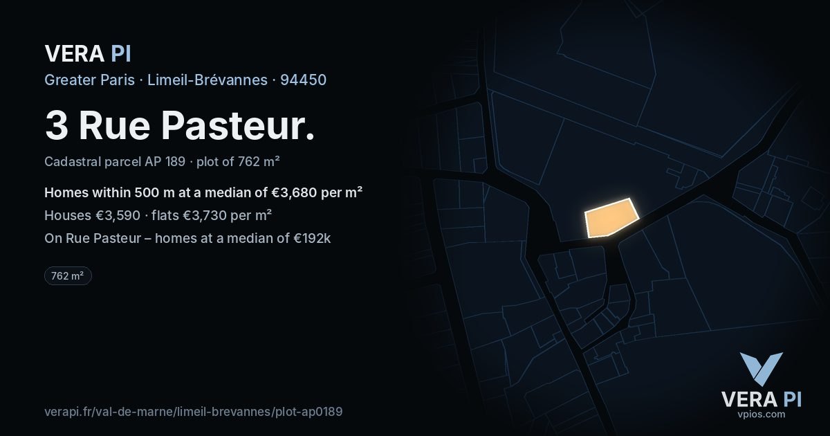 3 Rue Pasteur, Limeil-Brévannes at night – the plot lit, the parcels around coloured by the prices near them