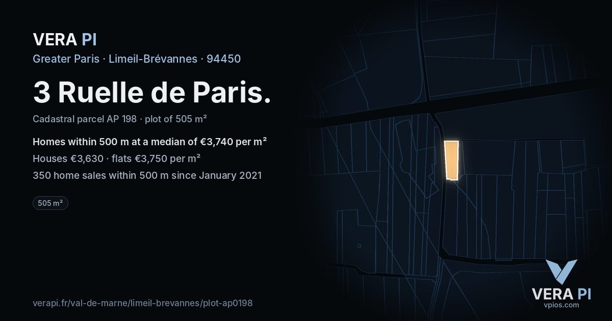 3 Ruelle de Paris, Limeil-Brévannes at night – the plot lit, the parcels around coloured by the prices near them