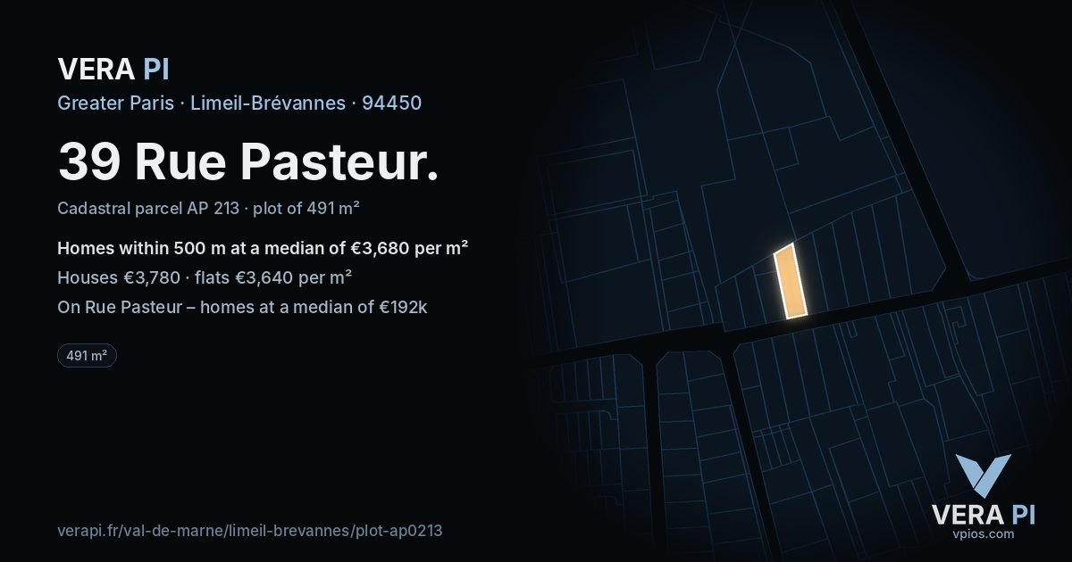 39 Rue Pasteur, Limeil-Brévannes at night – the plot lit, the parcels around coloured by the prices near them