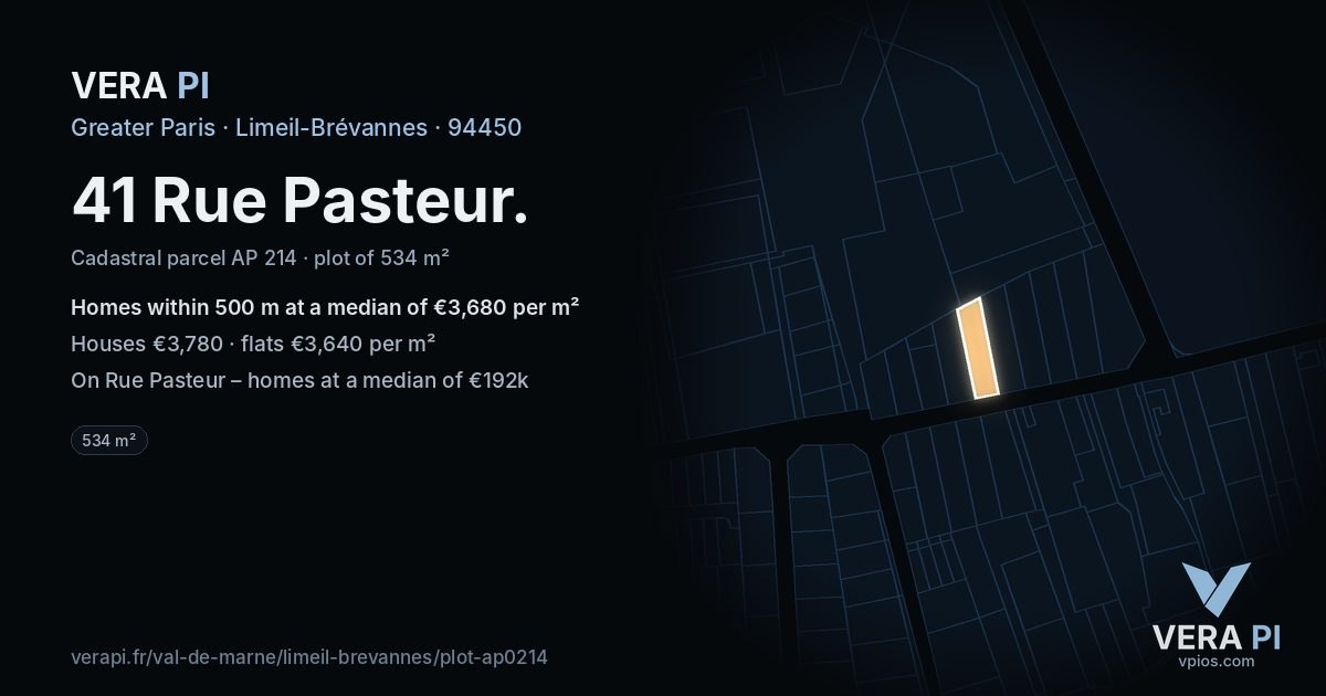 41 Rue Pasteur, Limeil-Brévannes at night – the plot lit, the parcels around coloured by the prices near them