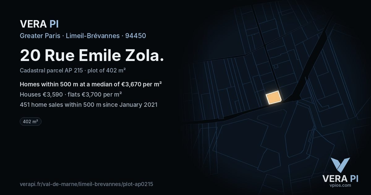 20 Rue Emile Zola, Limeil-Brévannes at night – the plot lit, the parcels around coloured by the prices near them