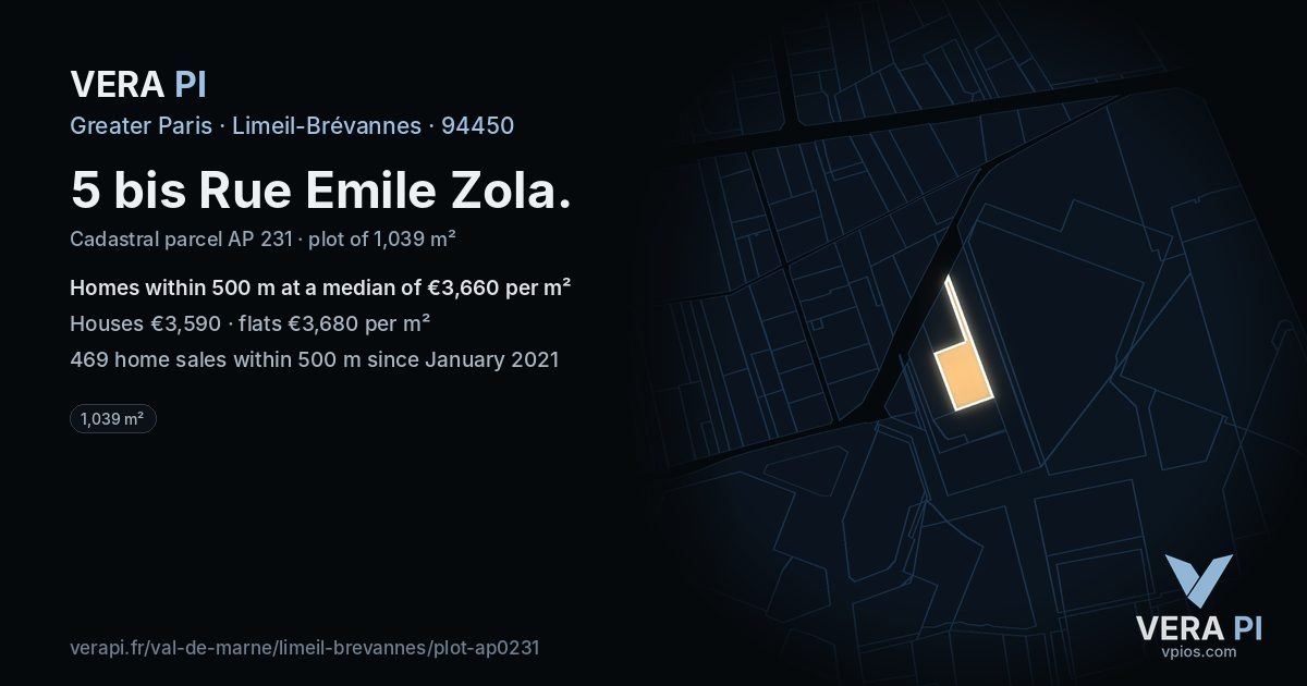 5 bis Rue Emile Zola, Limeil-Brévannes at night – the plot lit, the parcels around coloured by the prices near them