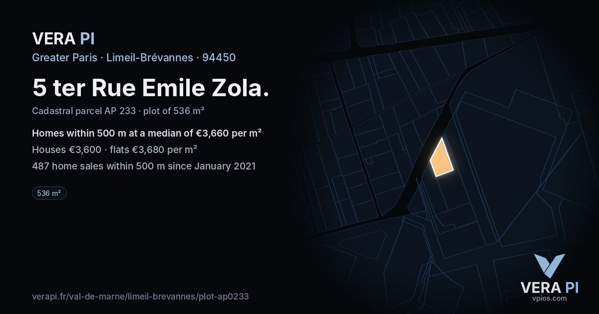 5 ter Rue Emile Zola, Limeil-Brévannes at night – the plot lit, the parcels around coloured by the prices near them