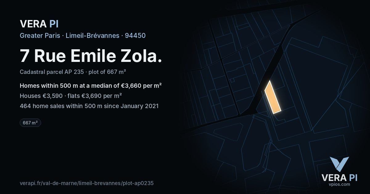 7 Rue Emile Zola, Limeil-Brévannes at night – the plot lit, the parcels around coloured by the prices near them