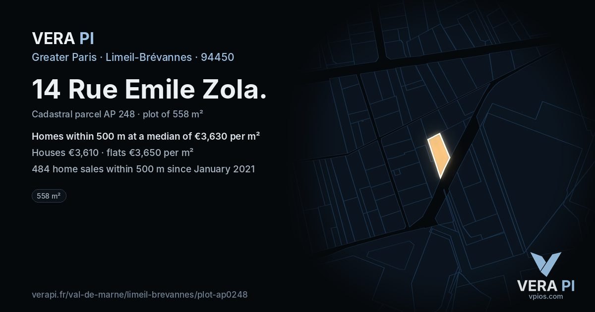 14 Rue Emile Zola, Limeil-Brévannes at night – the plot lit, the parcels around coloured by the prices near them
