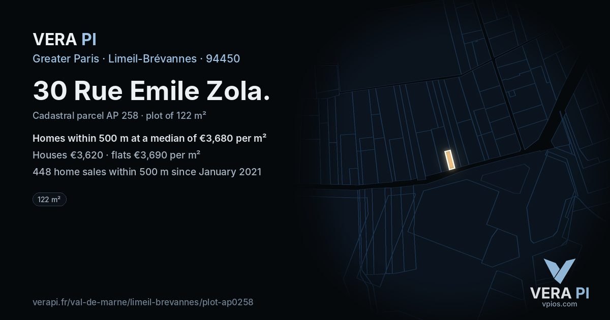 30 Rue Emile Zola, Limeil-Brévannes at night – the plot lit, the parcels around coloured by the prices near them