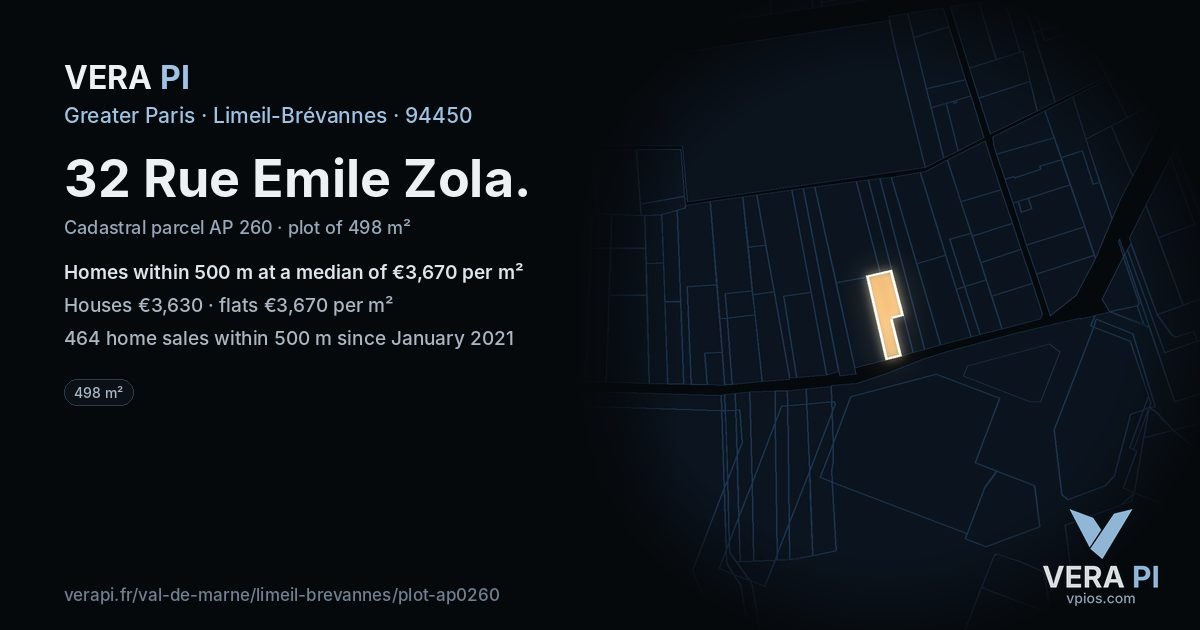 32 Rue Emile Zola, Limeil-Brévannes at night – the plot lit, the parcels around coloured by the prices near them