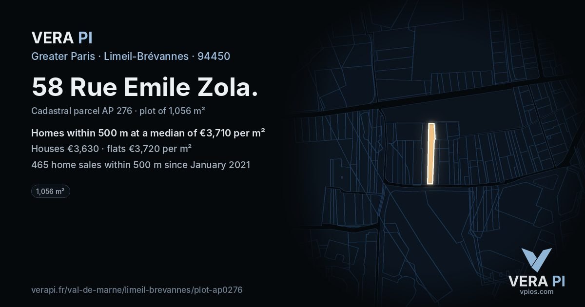 58 Rue Emile Zola, Limeil-Brévannes at night – the plot lit, the parcels around coloured by the prices near them