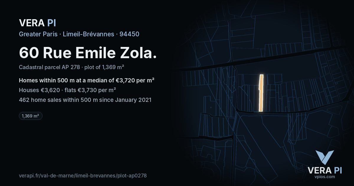 60 Rue Emile Zola, Limeil-Brévannes at night – the plot lit, the parcels around coloured by the prices near them
