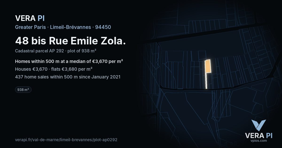 48 bis Rue Emile Zola, Limeil-Brévannes at night – the plot lit, the parcels around coloured by the prices near them