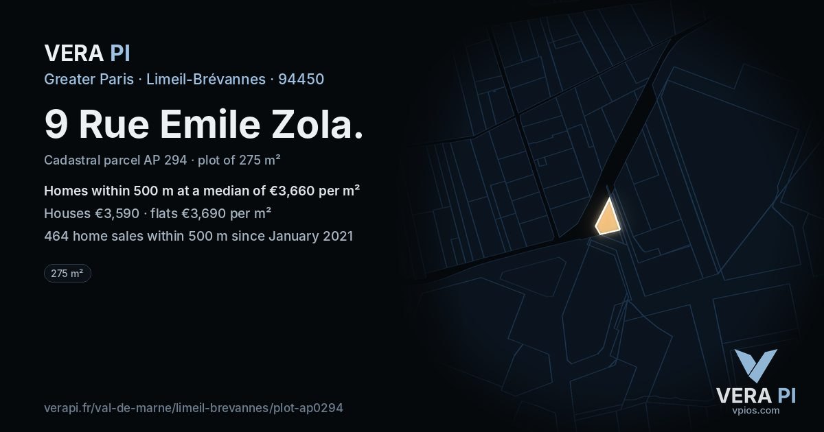 9 Rue Emile Zola, Limeil-Brévannes at night – the plot lit, the parcels around coloured by the prices near them